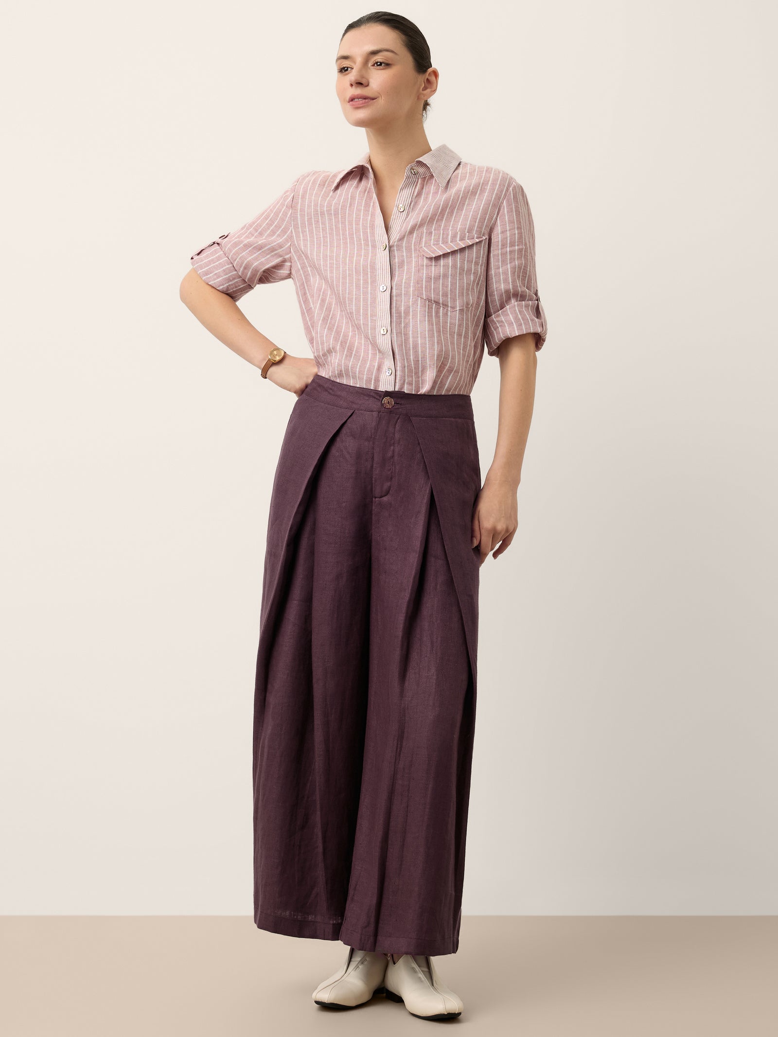 100% Linen Striped Roll Tab Three Quarter Sleeve Shirt MELORA