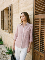 100% Linen Striped Roll Tab Three Quarter Sleeve Shirt MELORA