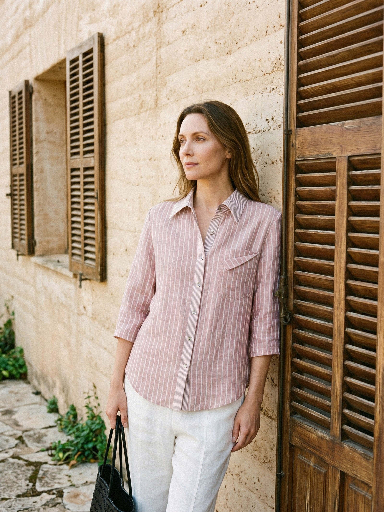100% Linen Striped Roll Tab Three Quarter Sleeve Shirt MELORA