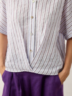 100% Linen Striped Surplice Cocoon Top CATHERINE
