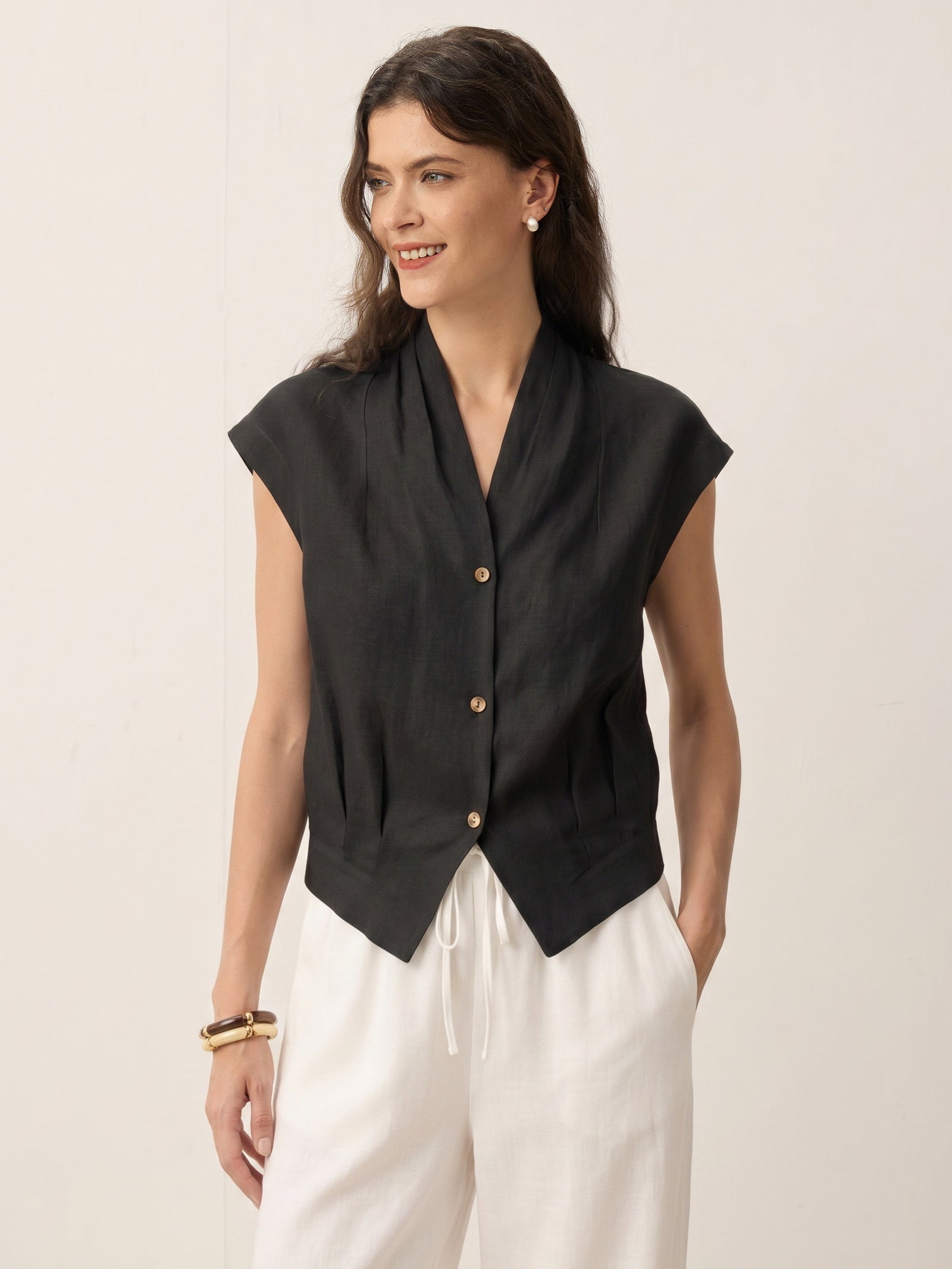 100% Linen Surplice Neck Elasticated Back Cropped Shirt VALERIA