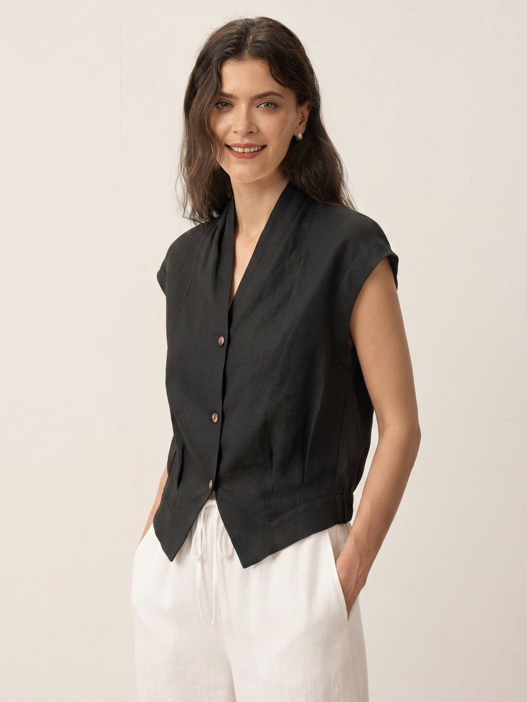 100% Linen Surplice Neck Elasticated Back Cropped Shirt VALERIA