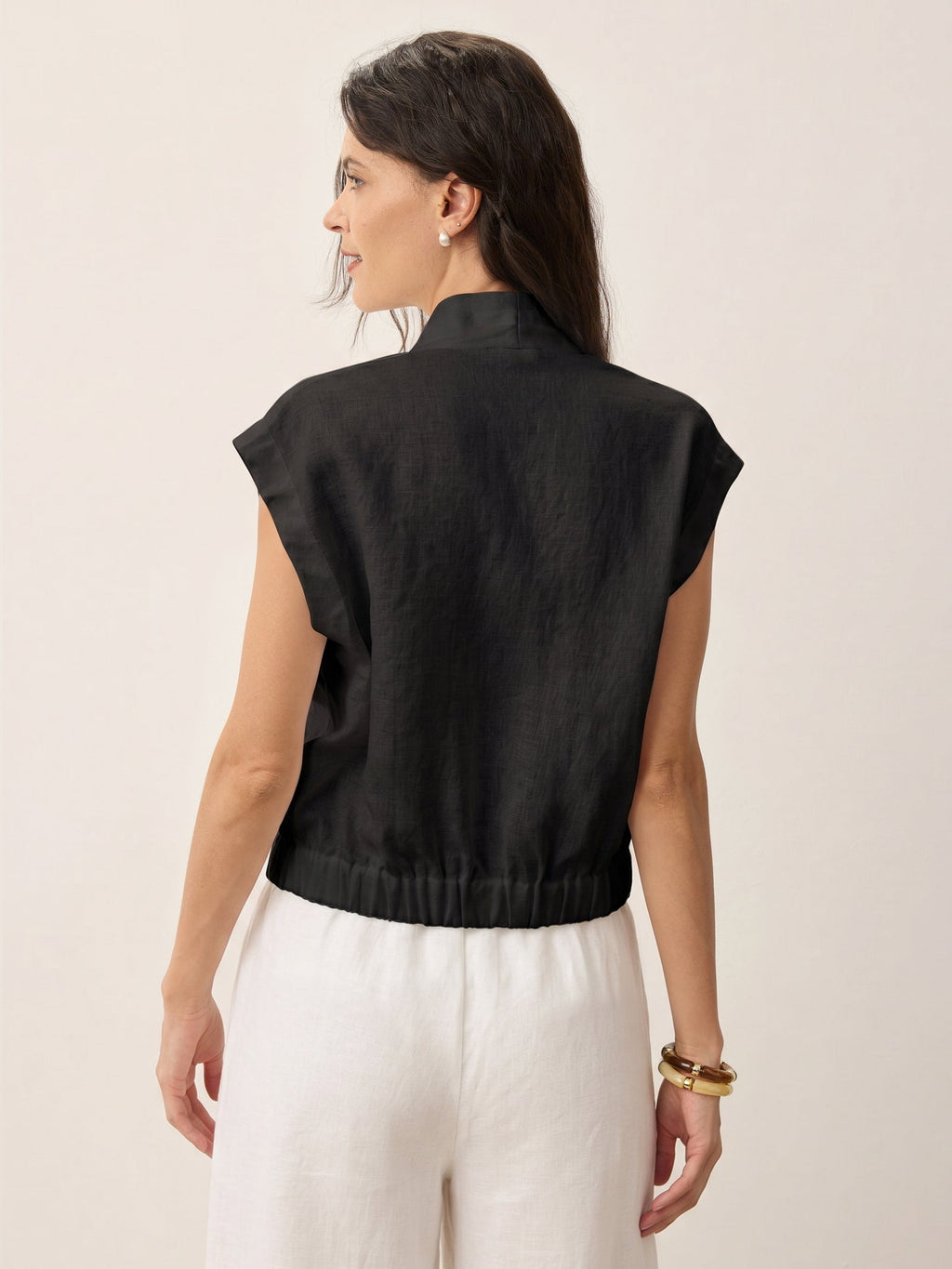 100% Linen Surplice Neck Elasticated Back Cropped Shirt VALERIA