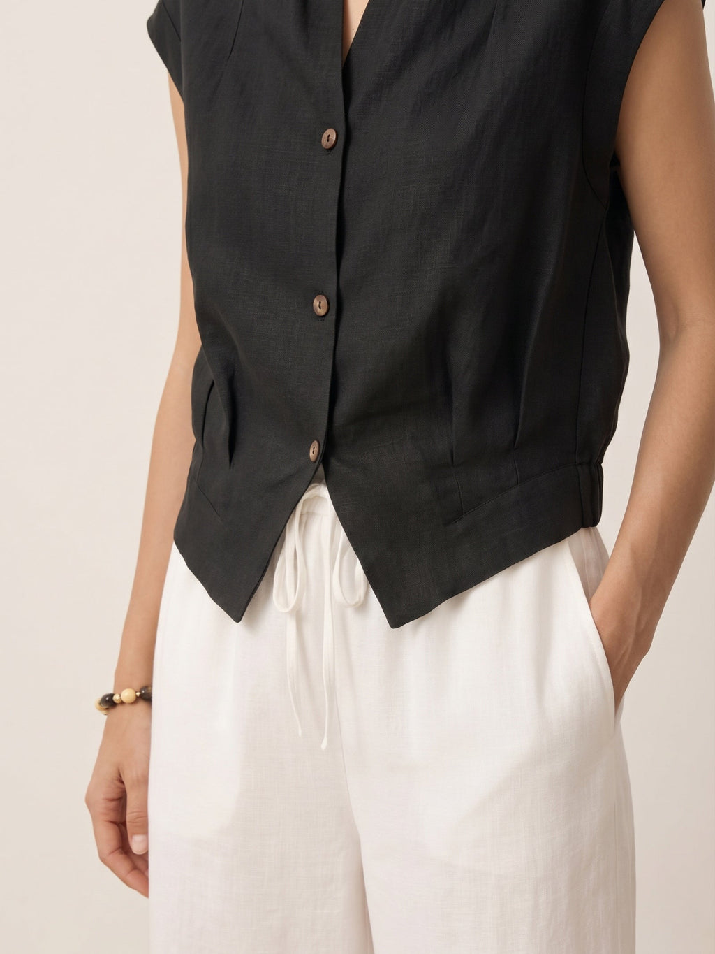 100% Linen Surplice Neck Elasticated Back Cropped Shirt VALERIA