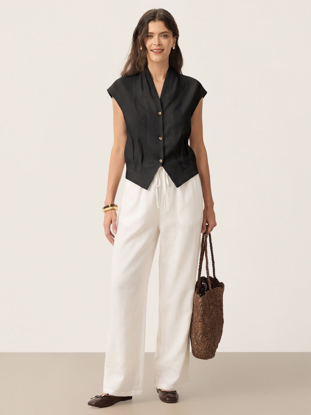 100% Linen Surplice Neck Elasticated Back Cropped Shirt VALERIA