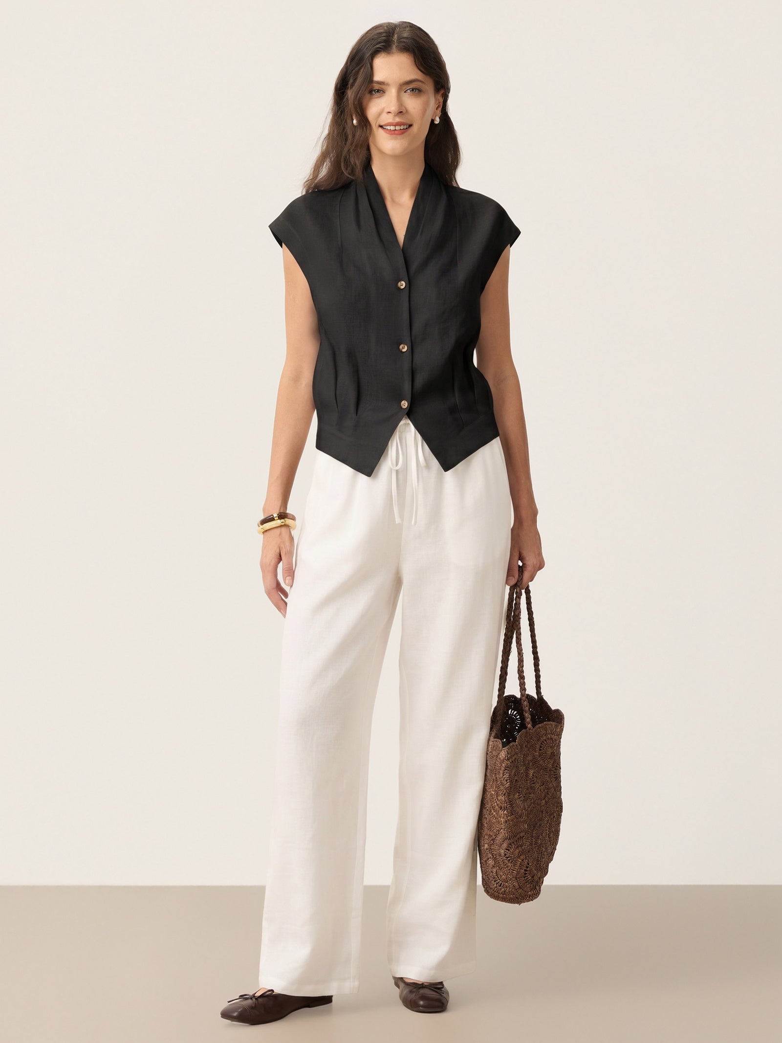 100% Linen Surplice Neck Elasticated Back Cropped Shirt VALERIA