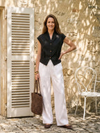 100% Linen Surplice Neck Elasticated Back Cropped Shirt VALERIA