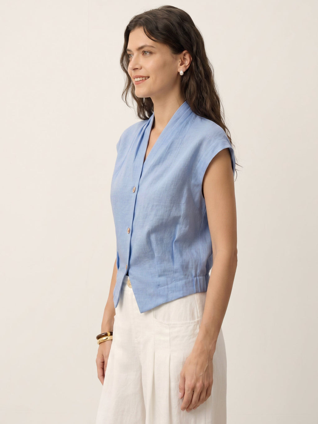 100% Linen Surplice Neck Elasticated Back Cropped Shirt VALERIA