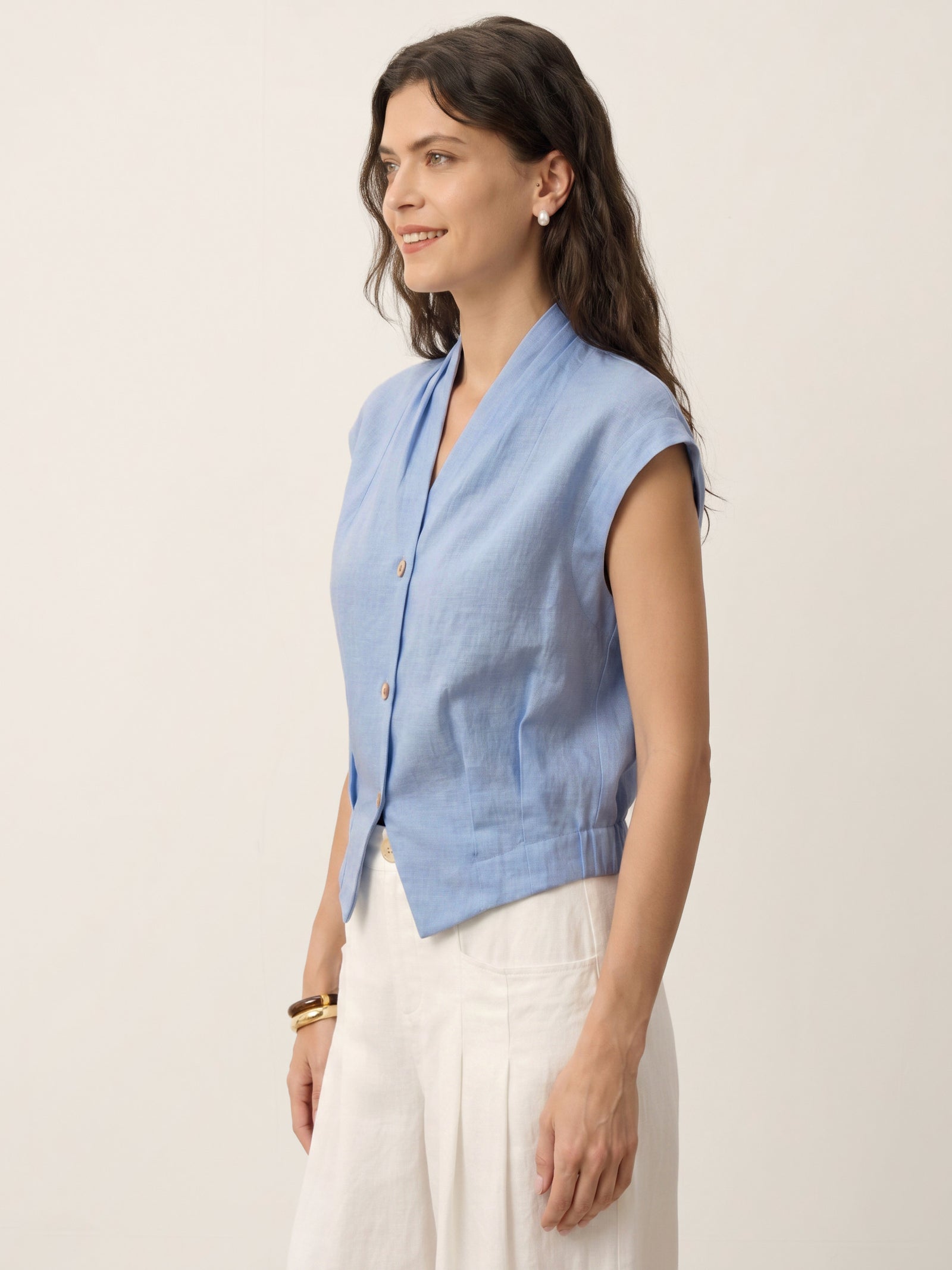 100% Linen Surplice Neck Elasticated Back Cropped Shirt VALERIA