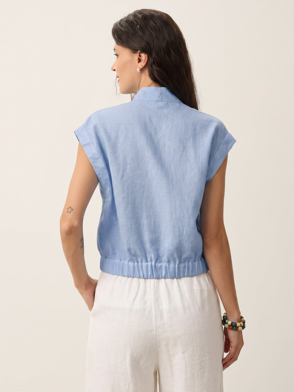 100% Linen Surplice Neck Elasticated Back Cropped Shirt VALERIA