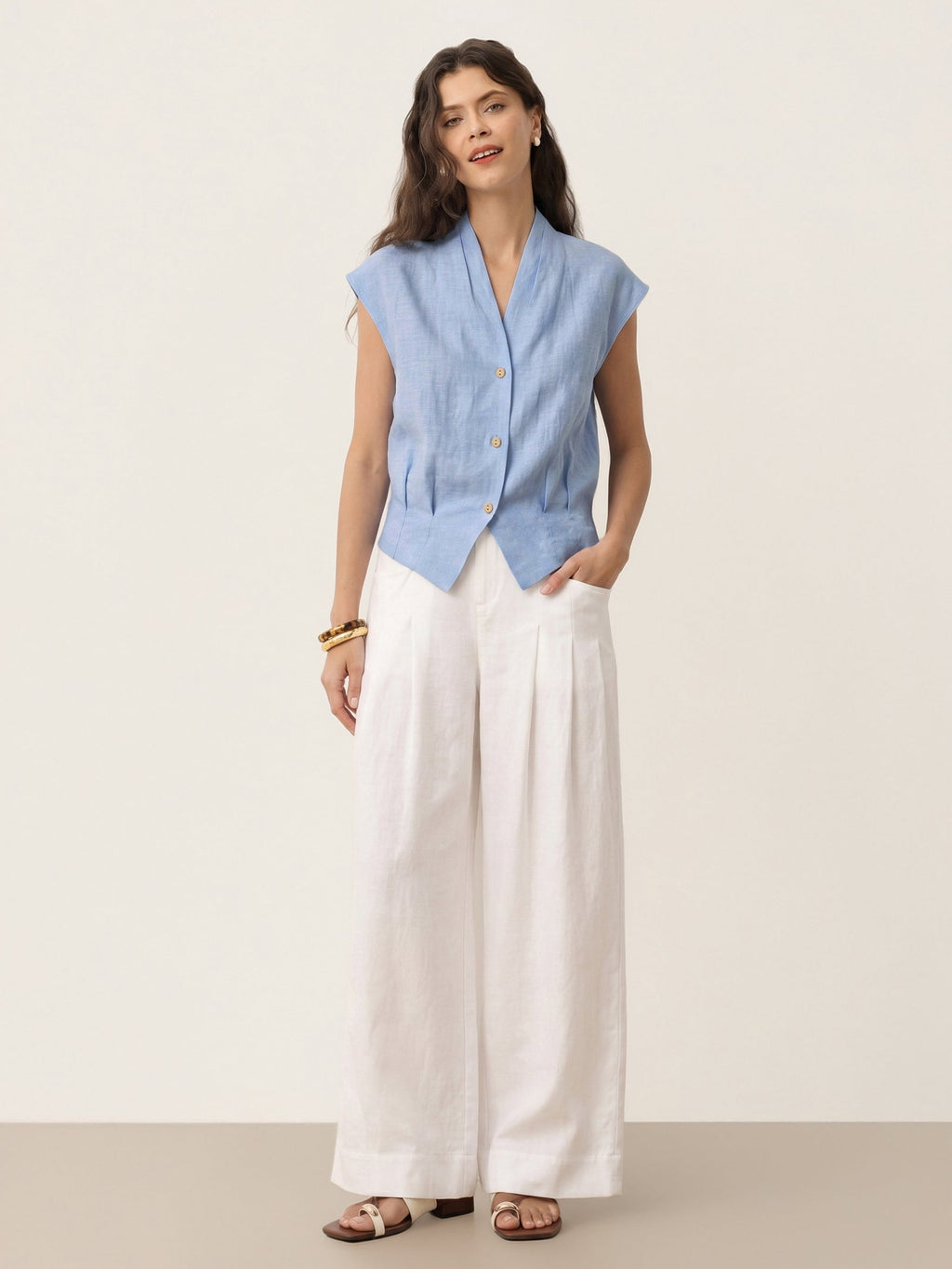 100% Linen Surplice Neck Elasticated Back Cropped Shirt VALERIA