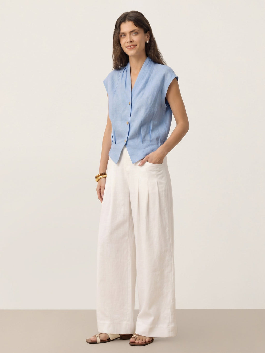 100% Linen Surplice Neck Elasticated Back Cropped Shirt VALERIA