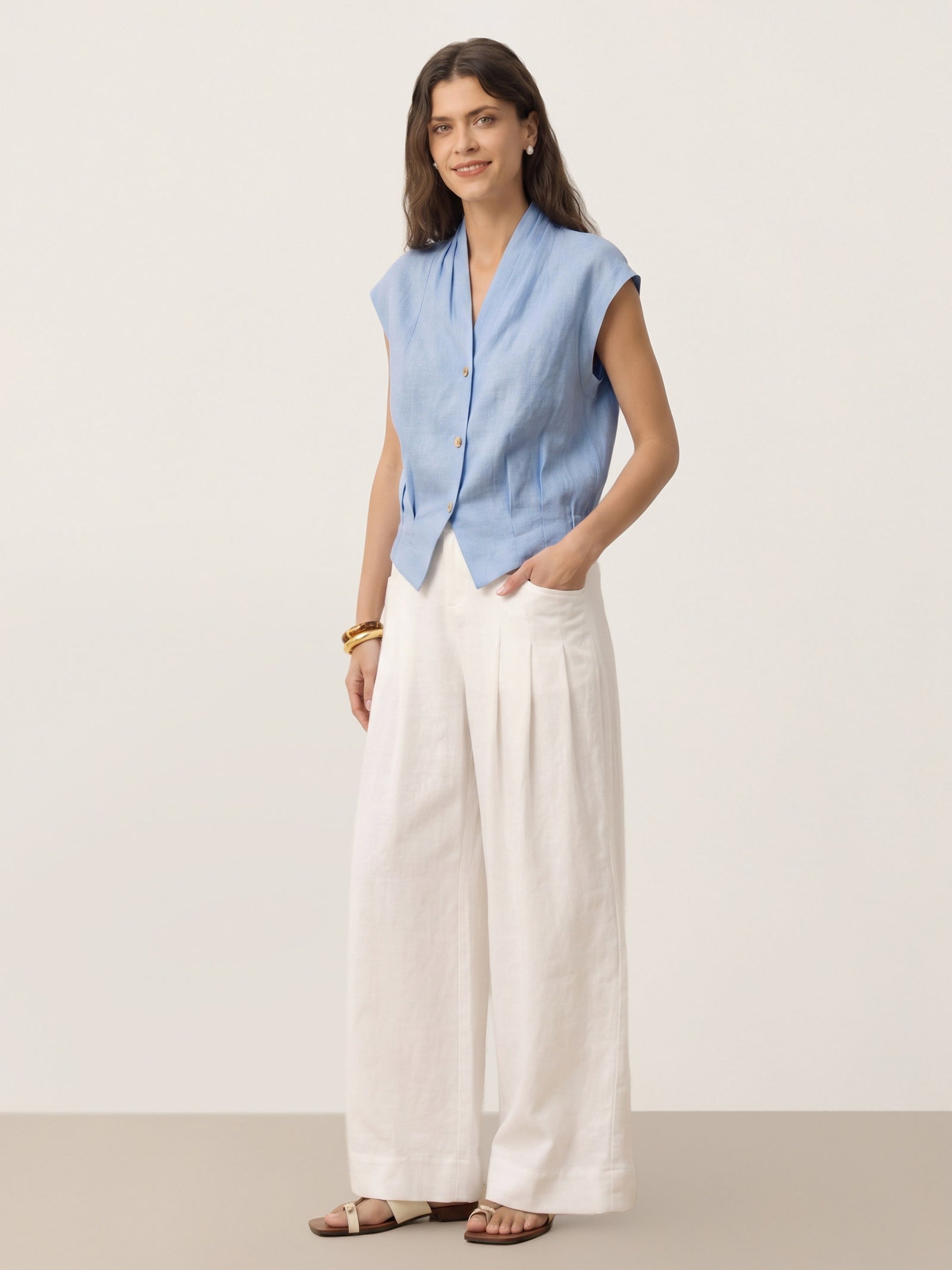100% Linen Surplice Neck Elasticated Back Cropped Shirt VALERIA