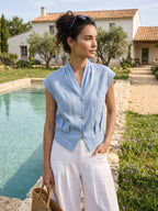 100% Linen Surplice Neck Elasticated Back Cropped Shirt VALERIA