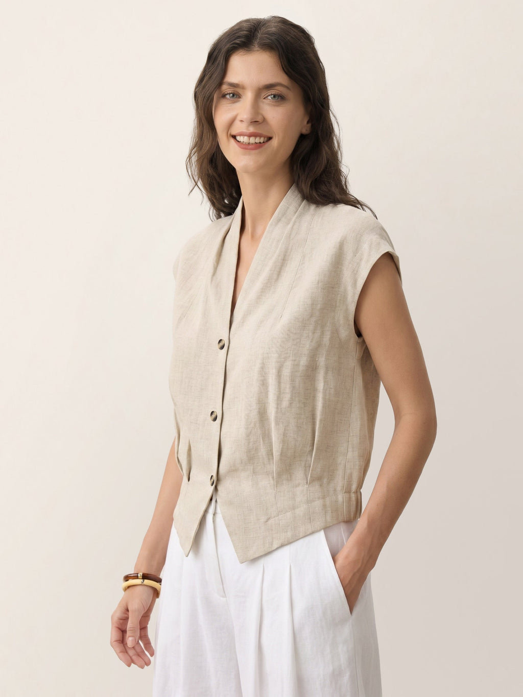 100% Linen Surplice Neck Elasticated Back Cropped Shirt VALERIA