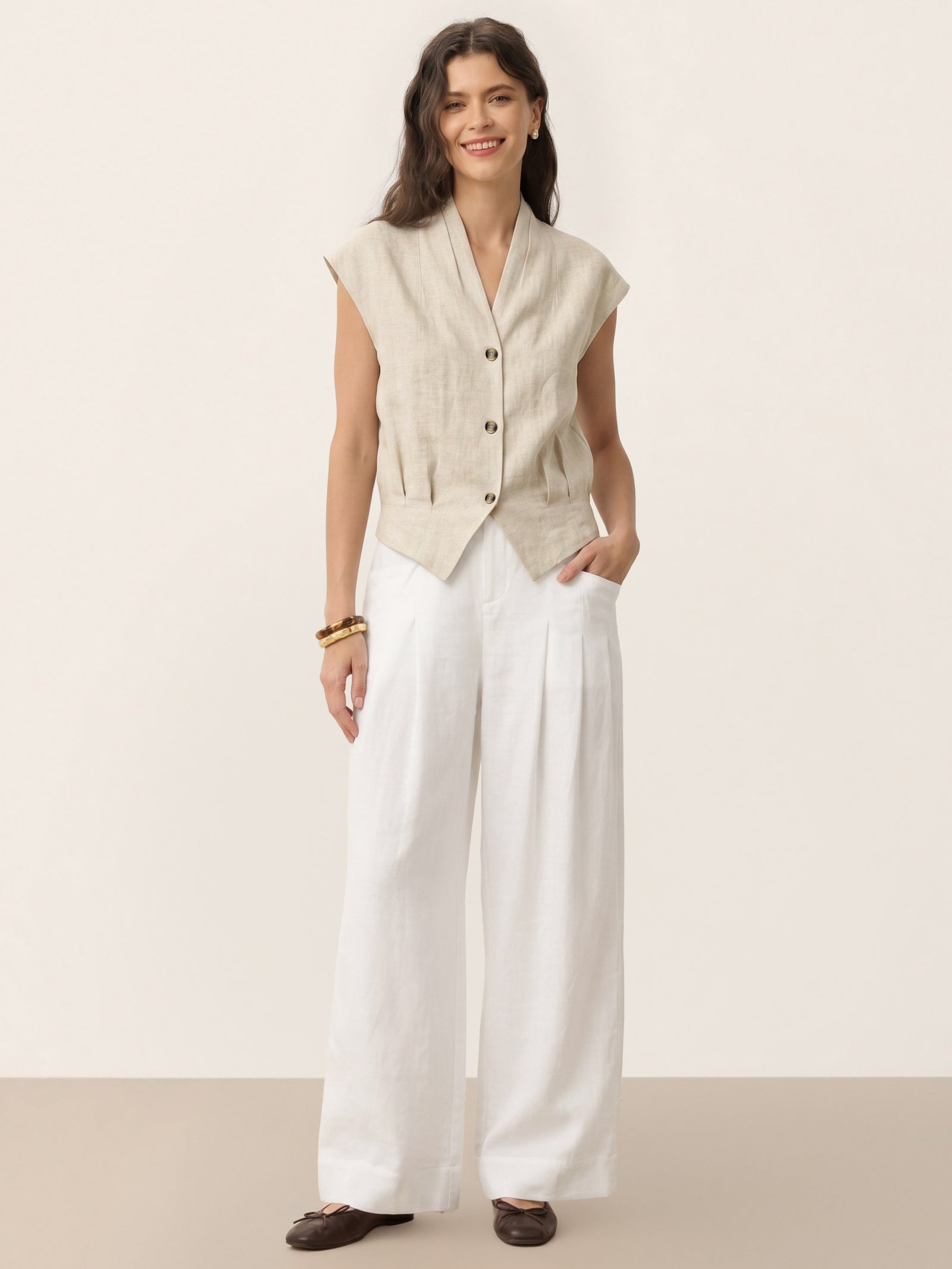 100% Linen Surplice Neck Elasticated Back Cropped Shirt VALERIA