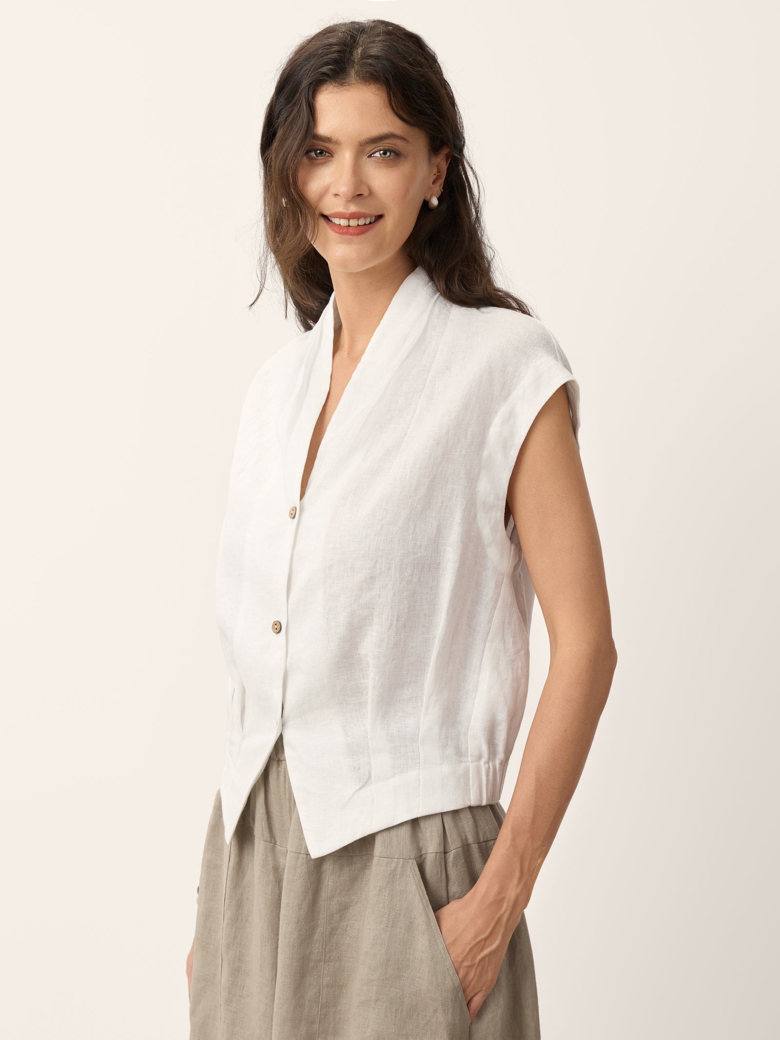 100% Linen Surplice Neck Elasticated Back Cropped Shirt VALERIA