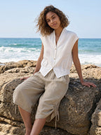 100% Linen Surplice Neck Elasticated Back Cropped Shirt VALERIA