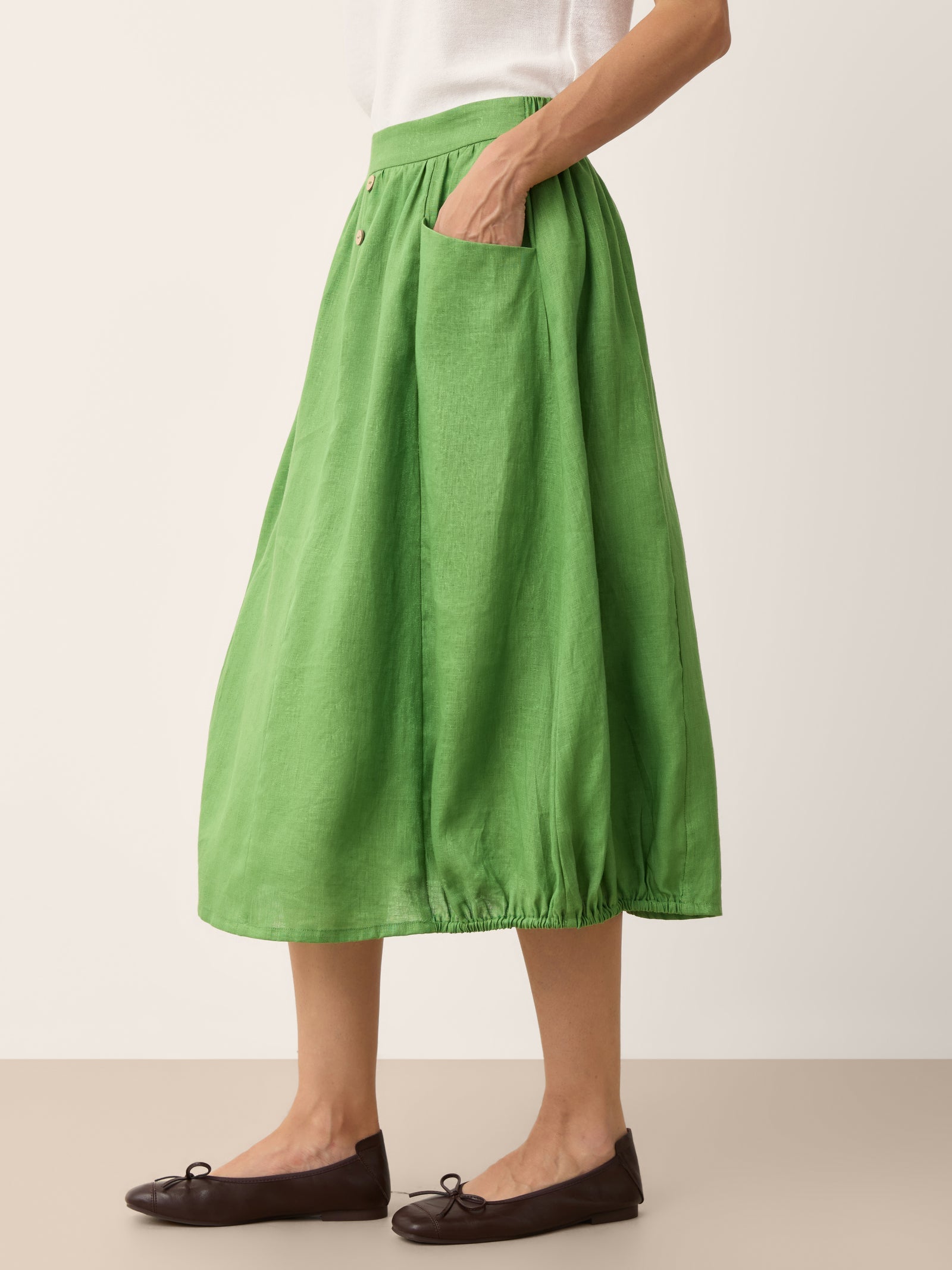 100% Linen Wood Button Elasticated Waist Bubble Skirt QUENBY