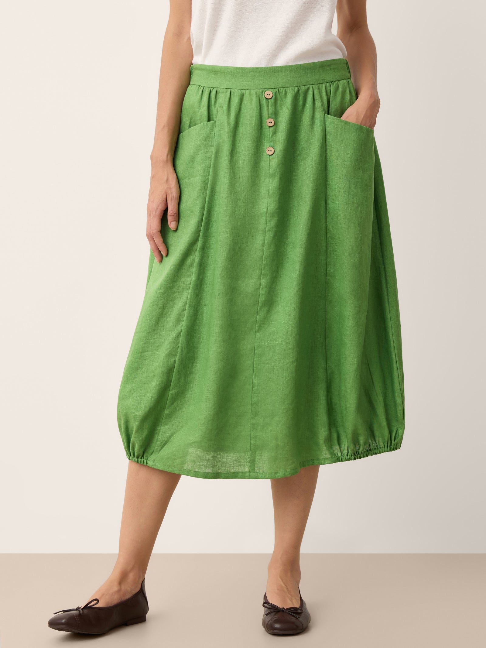 100% Linen Wood Button Elasticated Waist Bubble Skirt QUENBY