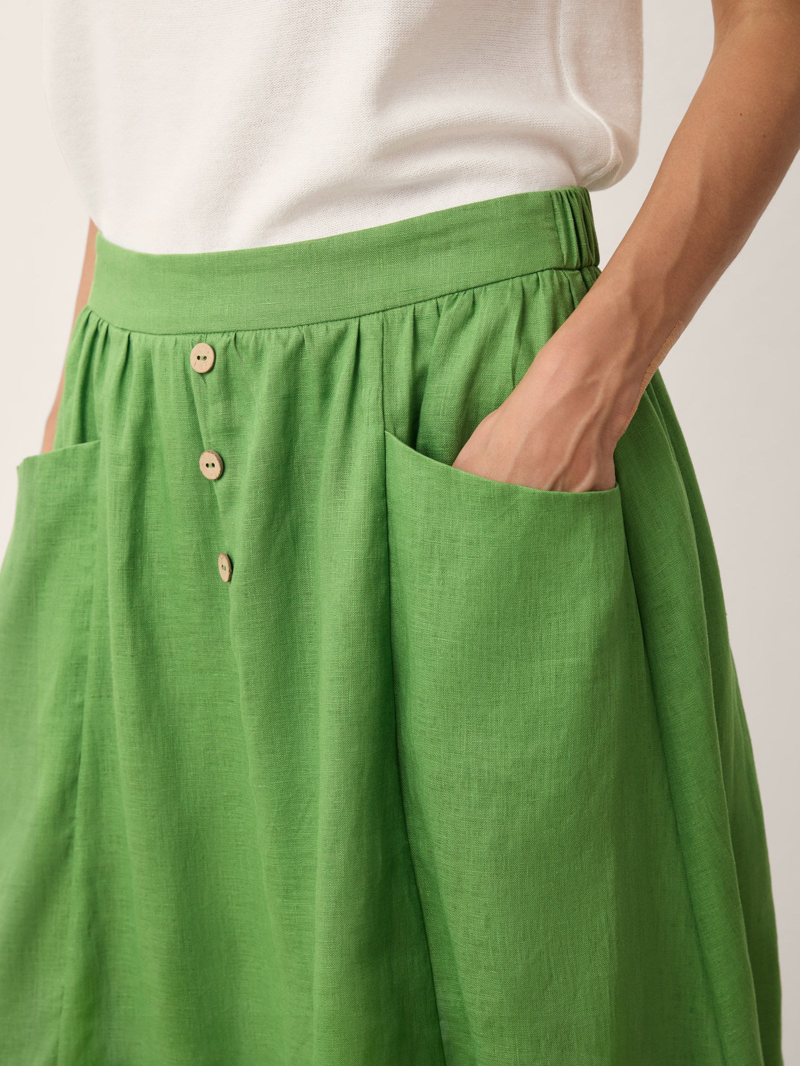 100% Linen Wood Button Elasticated Waist Bubble Skirt QUENBY