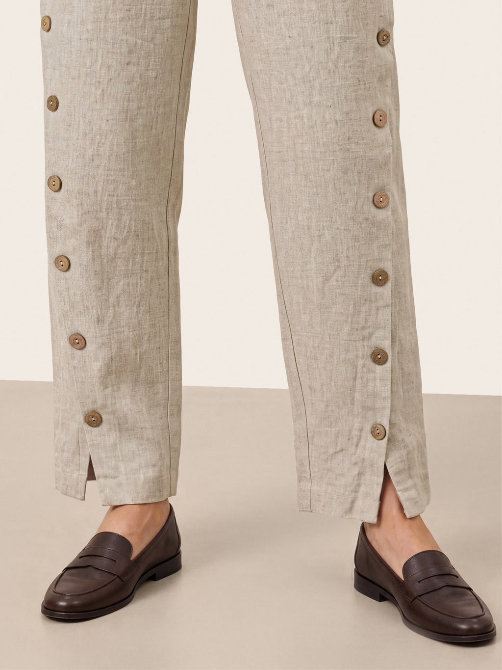 100% Linen Wood Button Slit Hem Ankle Pants ALBA