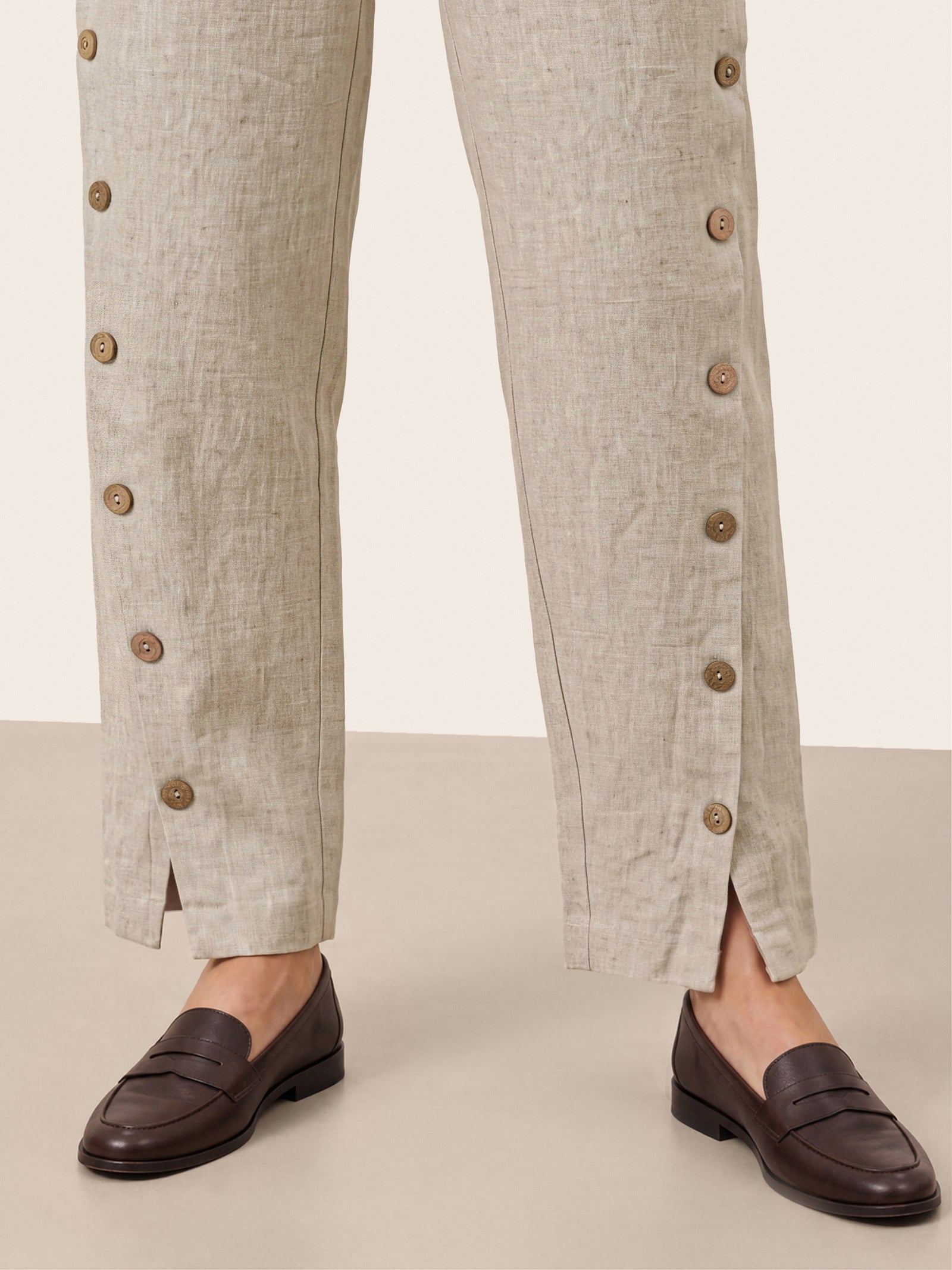 100% Linen Wood Button Slit Hem Ankle Pants ALBA