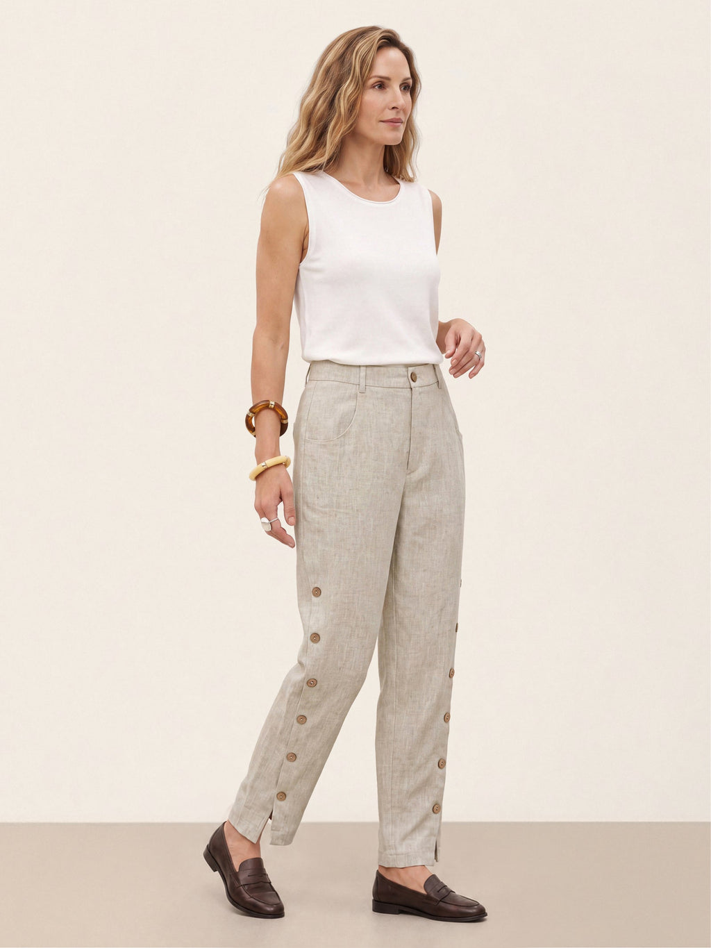 100% Linen Wood Button Slit Hem Ankle Pants ALBA