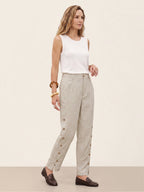 100% Linen Wood Button Slit Hem Ankle Pants ALBA