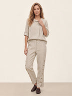 100% Linen Wood Button Slit Hem Ankle Pants ALBA
