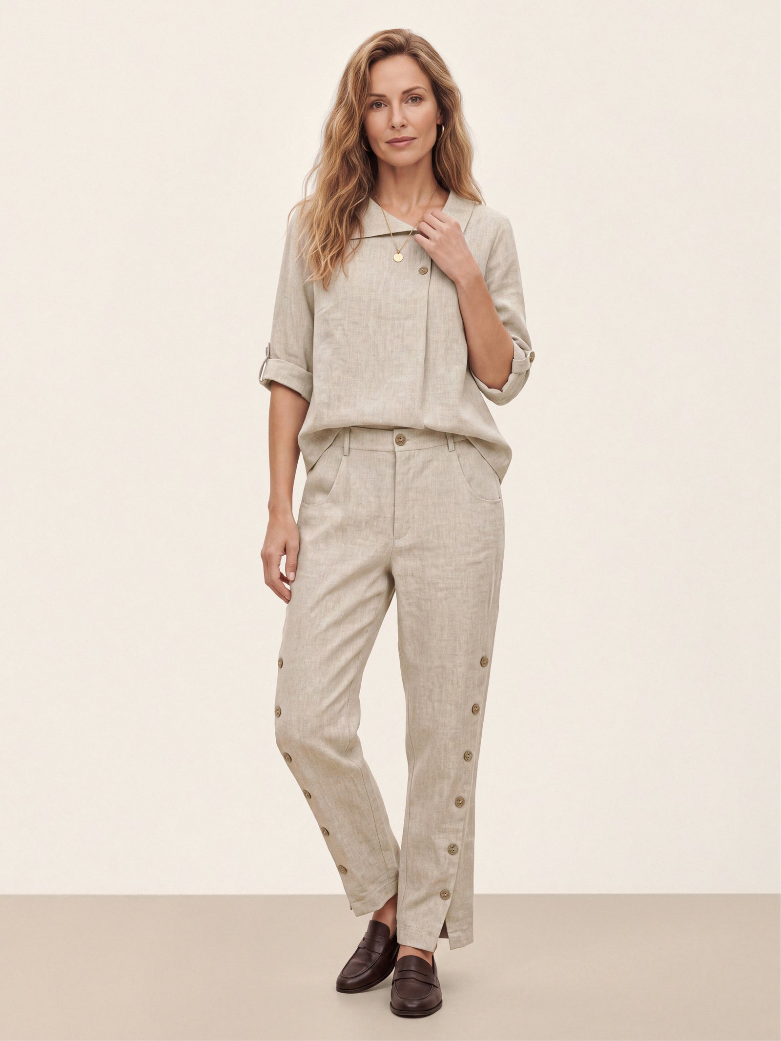 100% Linen Wood Button Slit Hem Ankle Pants ALBA
