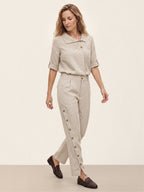 100% Linen Wood Button Slit Hem Ankle Pants ALBA