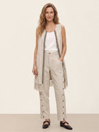 100% Linen Wood Button Slit Hem Ankle Pants ALBA