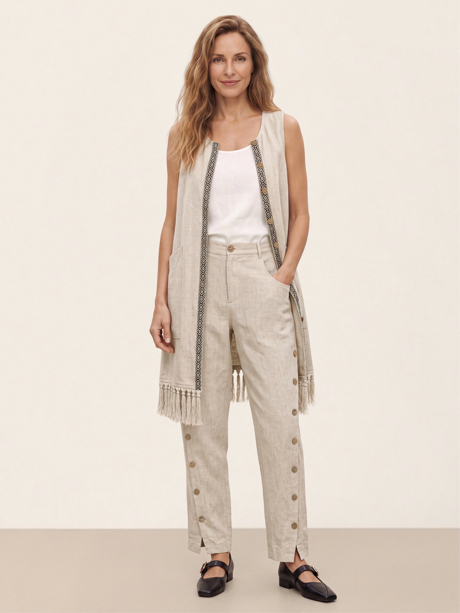 100% Linen Wood Button Slit Hem Ankle Pants ALBA