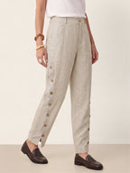 100% Linen Wood Button Slit Hem Ankle Pants ALBA