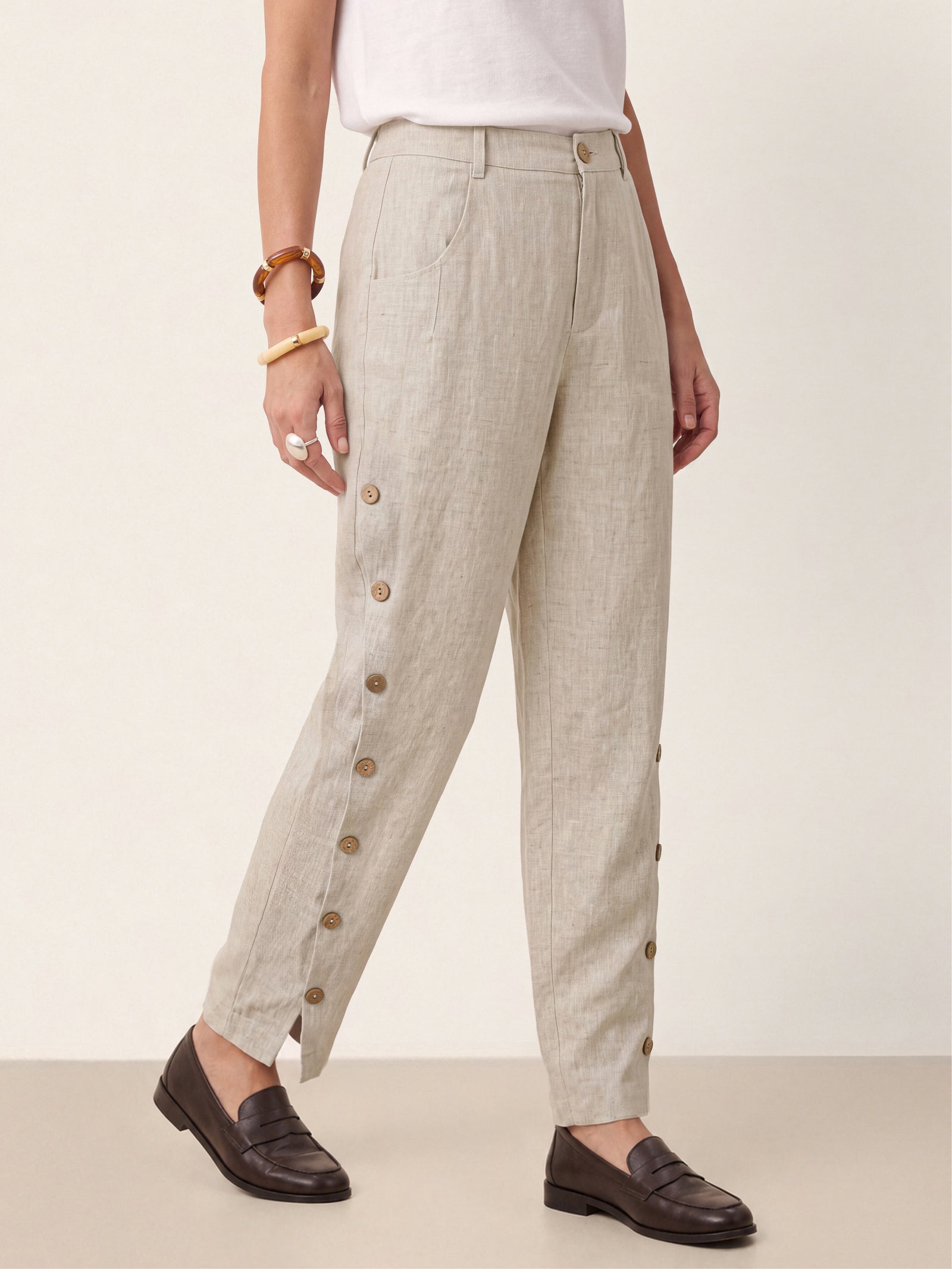 100% Linen Wood Button Slit Hem Ankle Pants ALBA