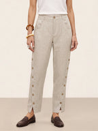 100% Linen Wood Button Slit Hem Ankle Pants ALBA