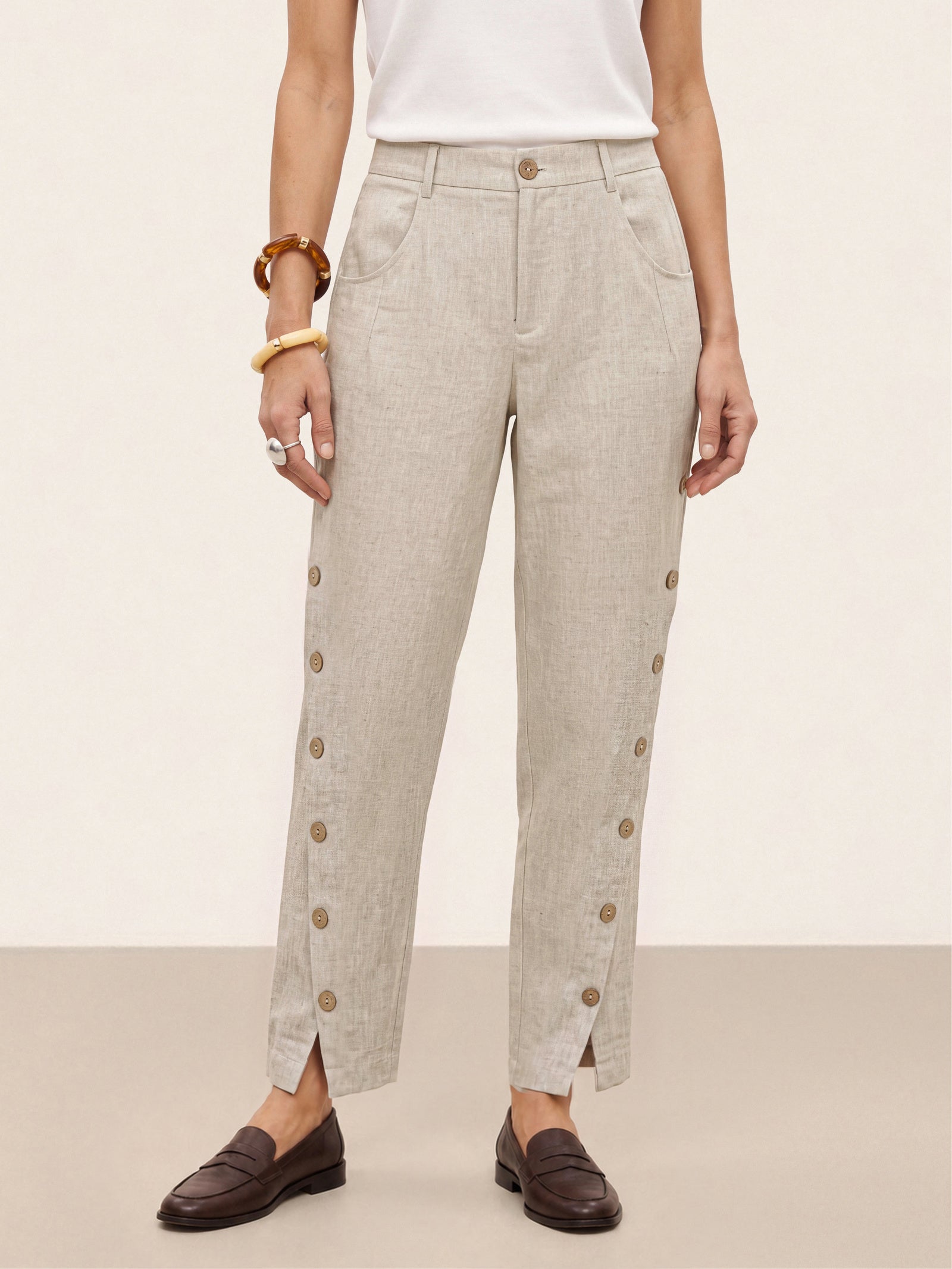100% Linen Wood Button Slit Hem Ankle Pants ALBA