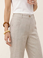 100% Linen Wood Button Slit Hem Ankle Pants ALBA