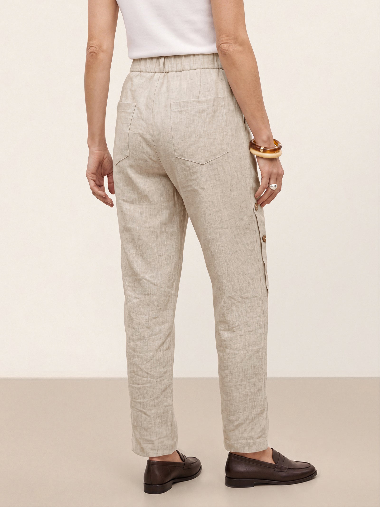 100% Linen Wood Button Slit Hem Ankle Pants ALBA