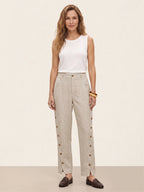 100% Linen Wood Button Slit Hem Ankle Pants ALBA