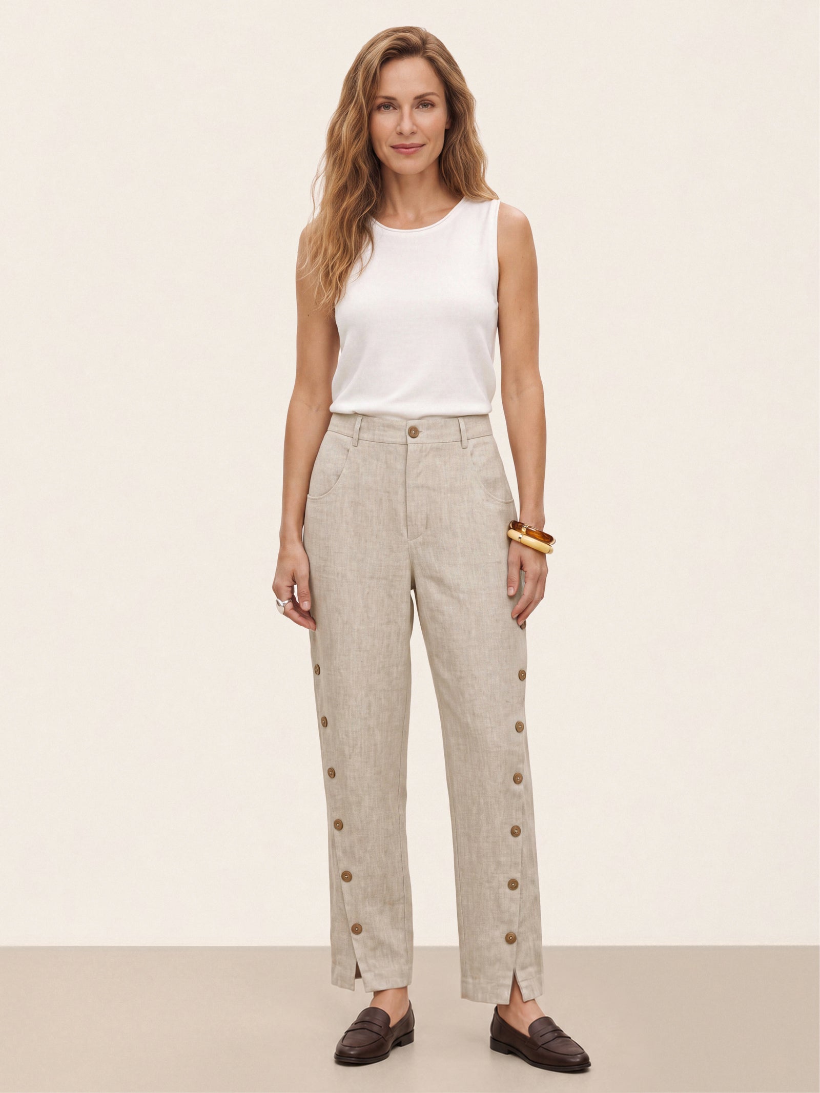 100% Linen Wood Button Slit Hem Ankle Pants ALBA