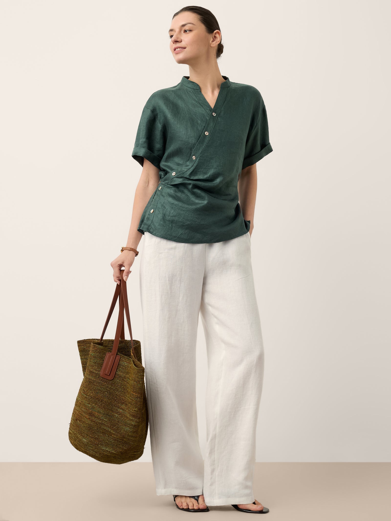 100% Linen Wrap Front Elastic Waist Top BETTINA