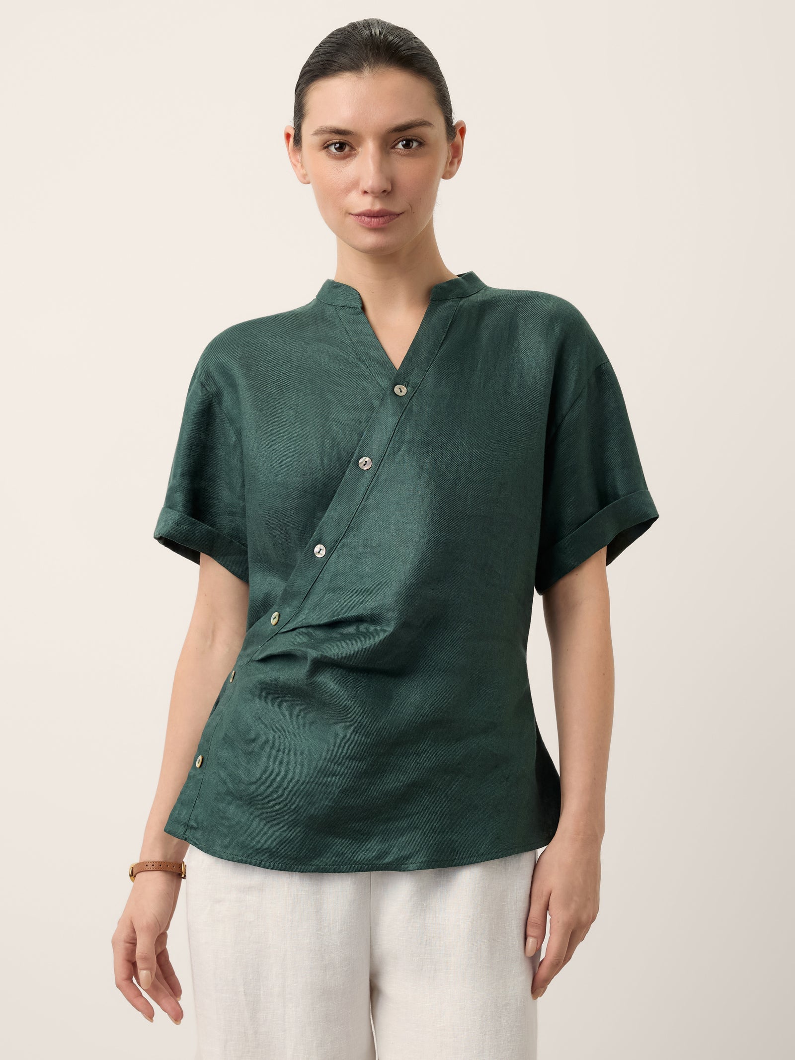 100% Linen Wrap Front Elastic Waist Top BETTINA