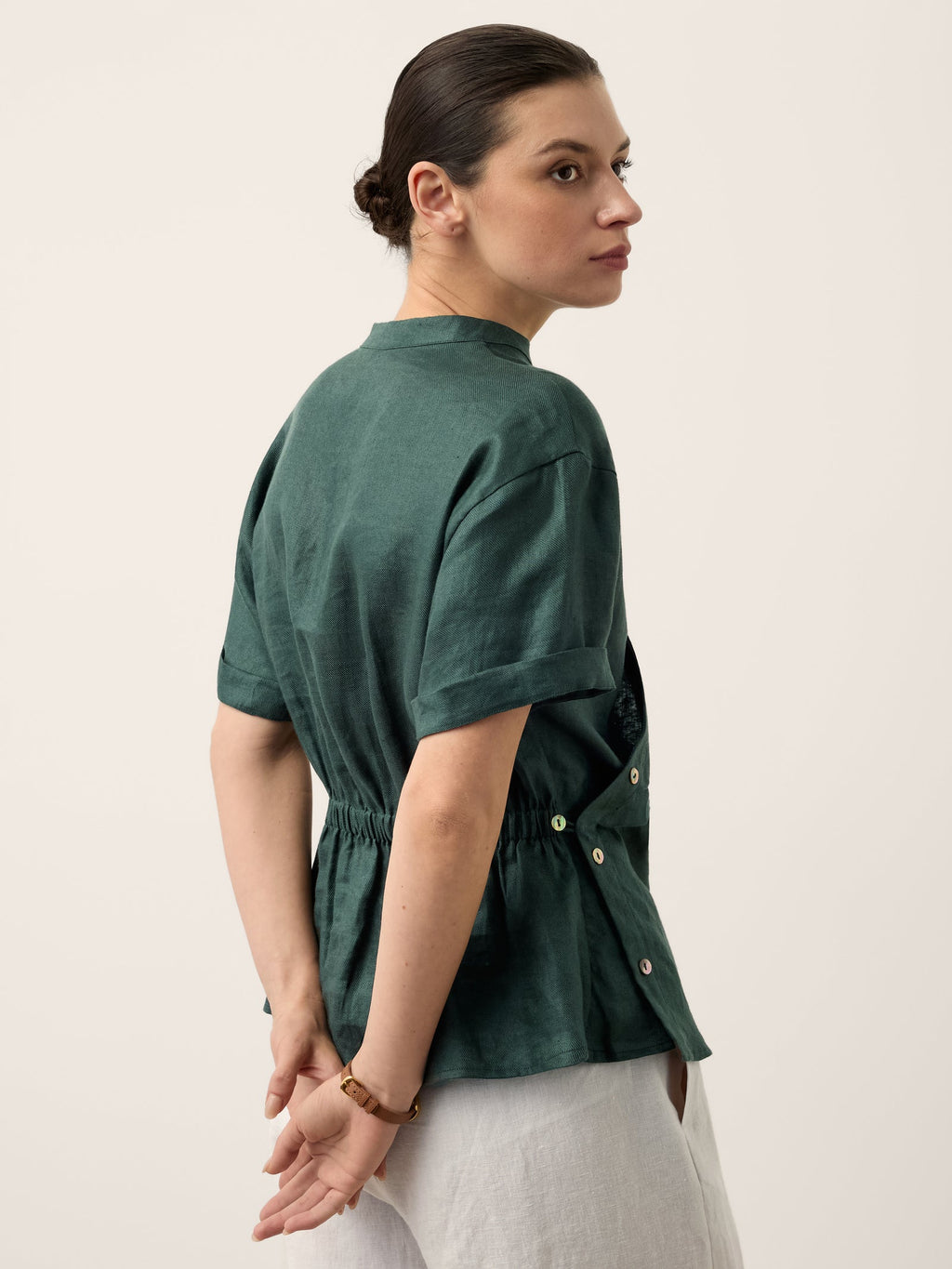 100% Linen Wrap Front Elastic Waist Top BETTINA
