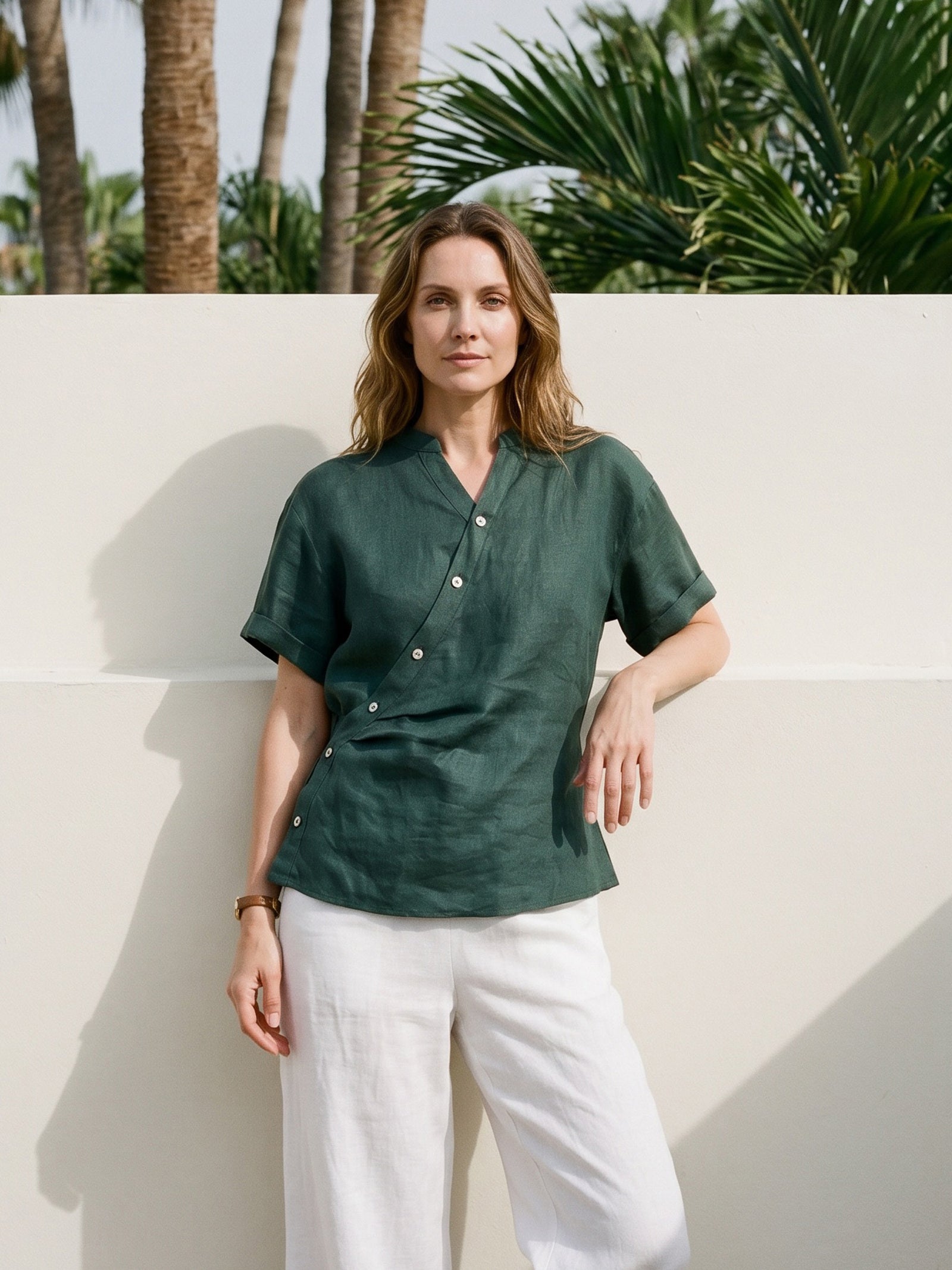 100% Linen Wrap Front Elastic Waist Top BETTINA