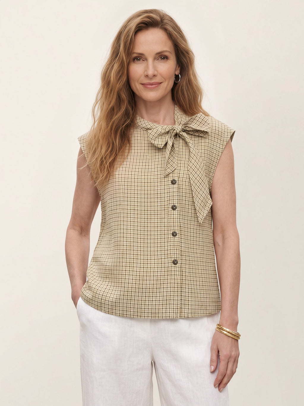 100% Linen Yarn Dyed Check Tie Neck Top ISALINE