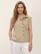 100% Linen Yarn Dyed Check Tie Neck Top ISALINE