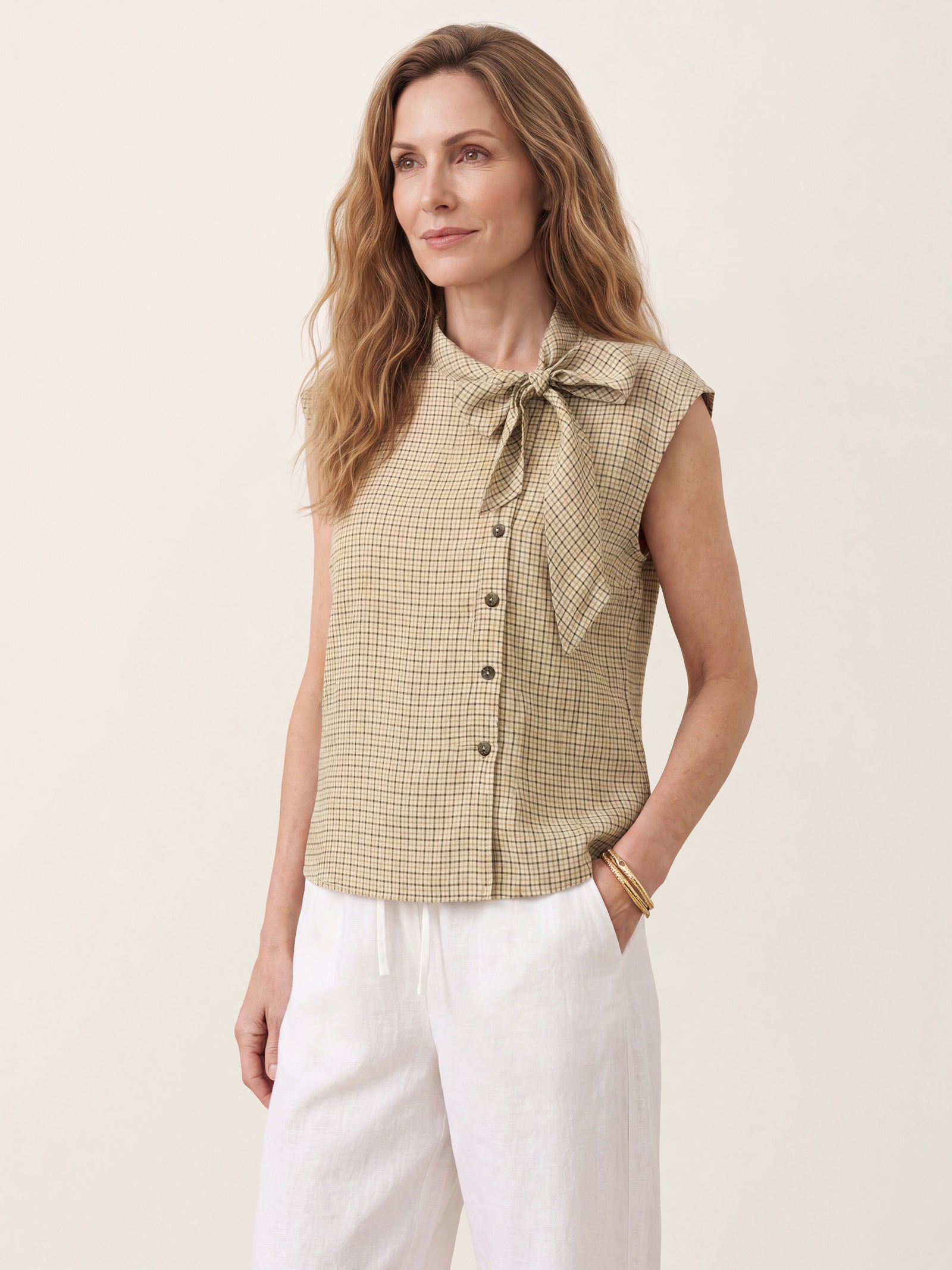 100% Linen Yarn Dyed Check Tie Neck Top ISALINE