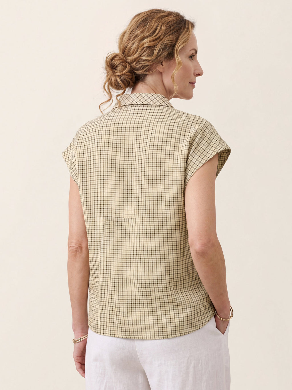100% Linen Yarn Dyed Check Tie Neck Top ISALINE